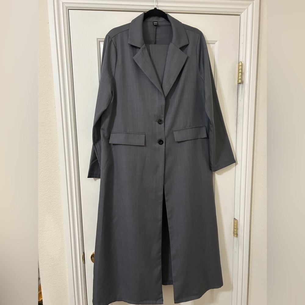 SHEIN Gray Long Women's Single Button Lightweight Overcoat & Pant Set Size 12/XL